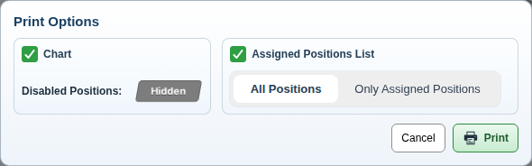 Print Options dialog with chart and list output controls.