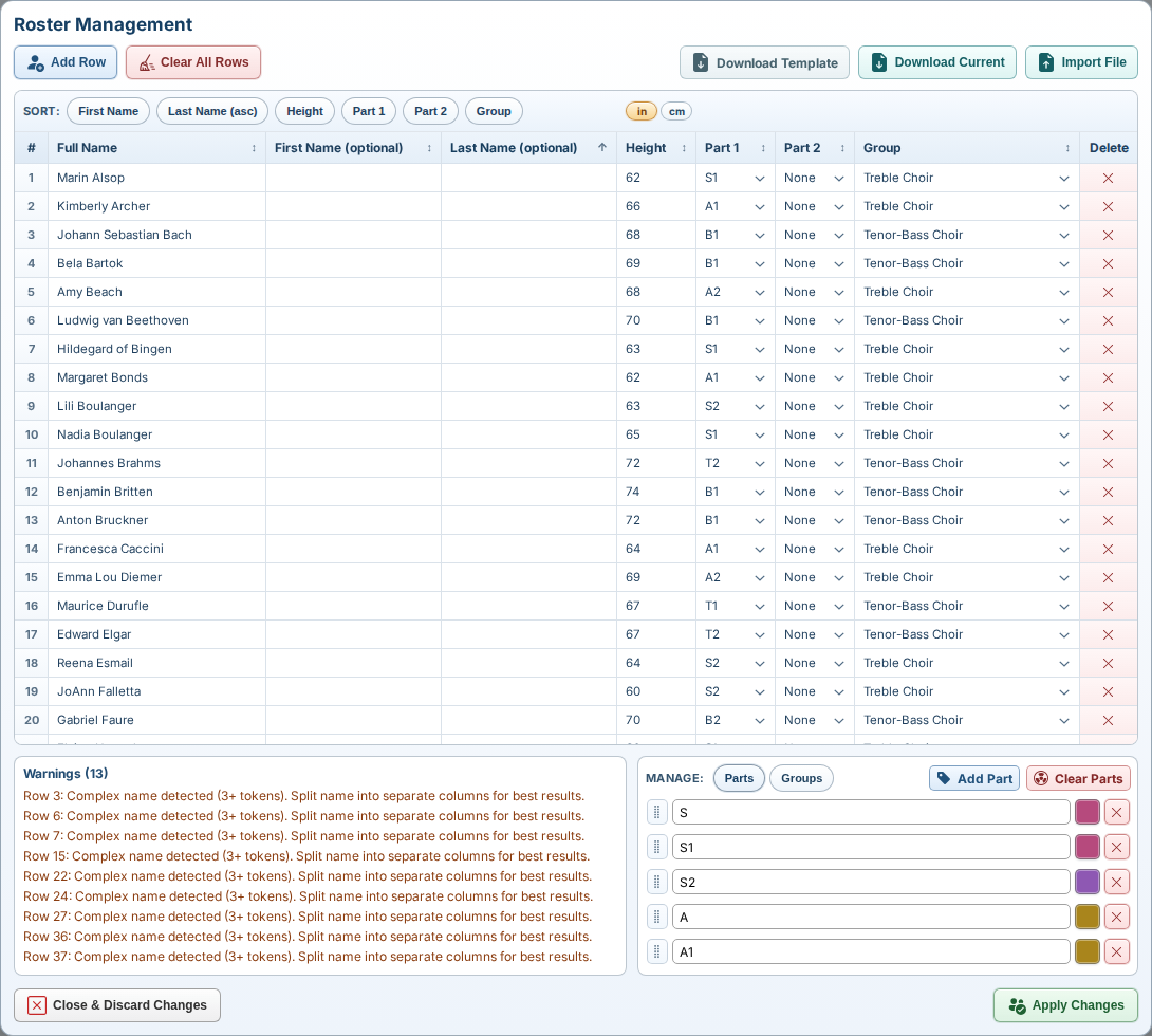 Roster Management dialog with editable rows and parts and groups controls.