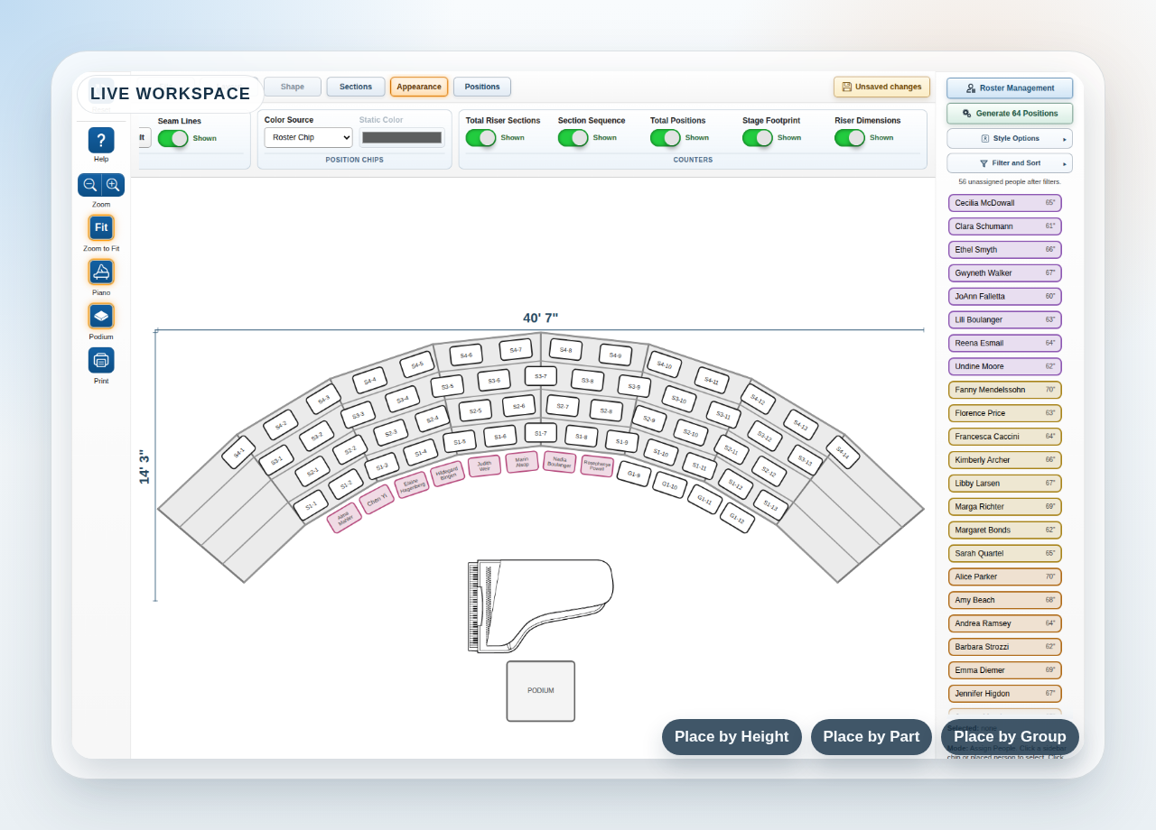 RiserForge app preview showing the live workspace with ribbon controls, chart, and roster sidebar.